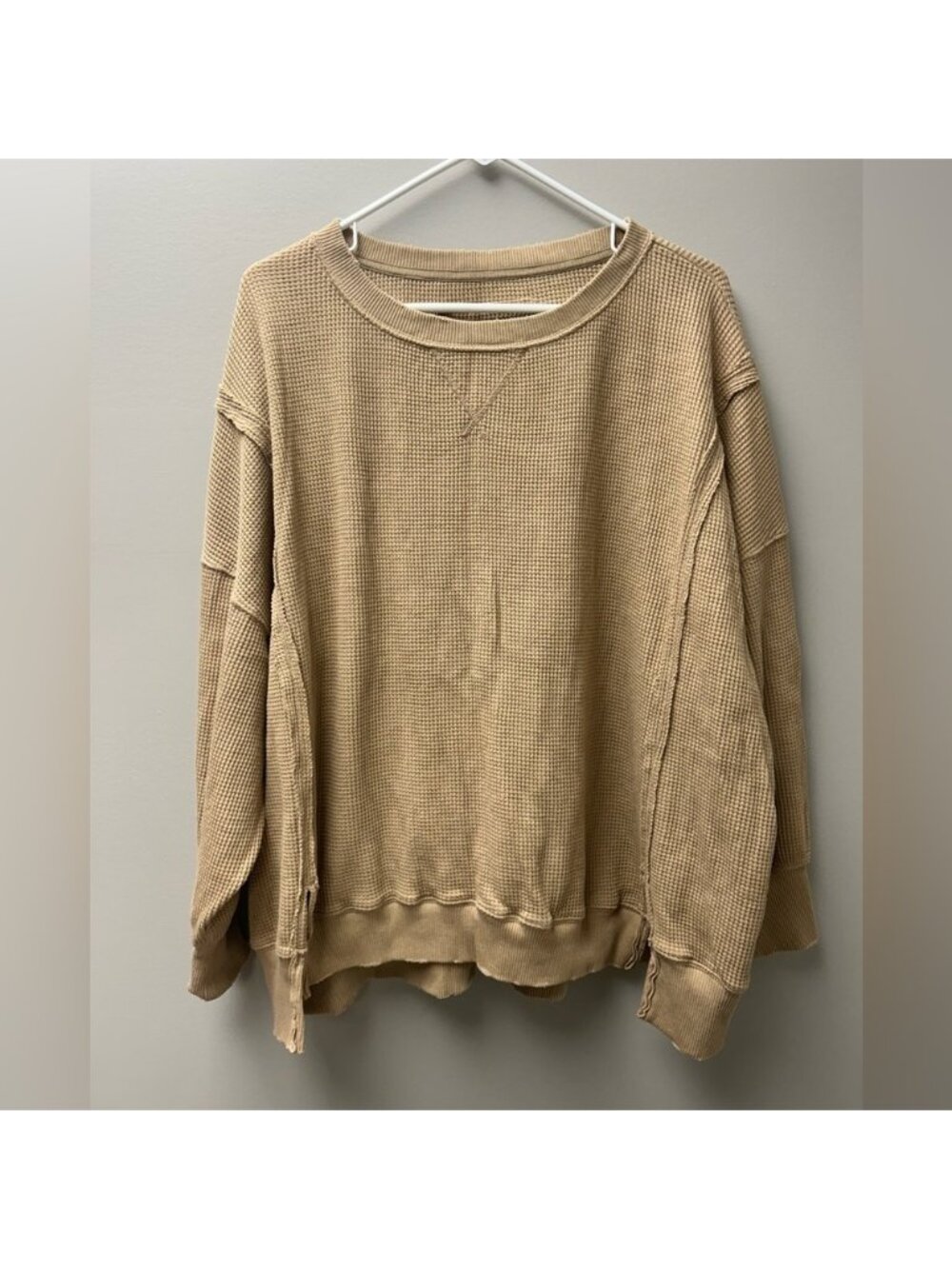 American Eagle Tan ‘This Feels Seriously Lived-In’ Oversized WaffleKnit Crewneck